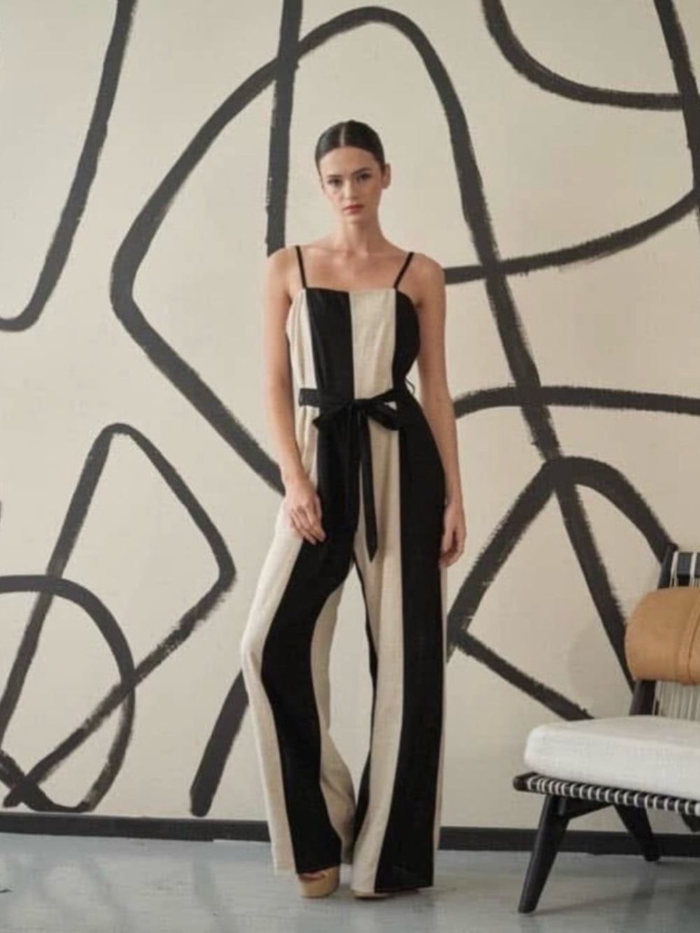 Aaron & Amber Linen Striped Black & Cream Wide-Leg Jumpsuit